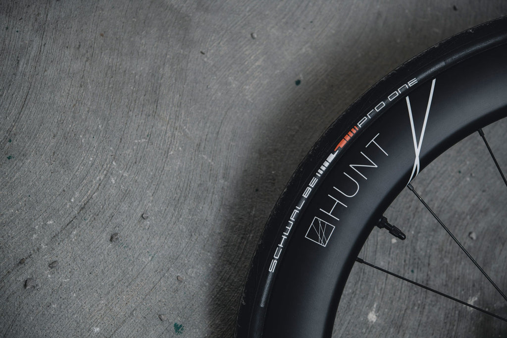 The HUNT 60 Limitless Aero Disc Wheelset with a Schwalbe Pro One Tubeless tyre fitted