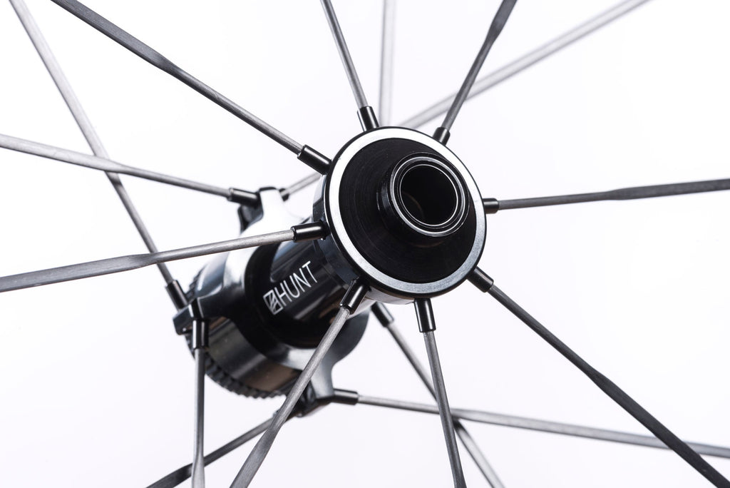 Detailed image of the front hub on the 32 Aerodynamicist UD Carbon Spoke Disc wheelset